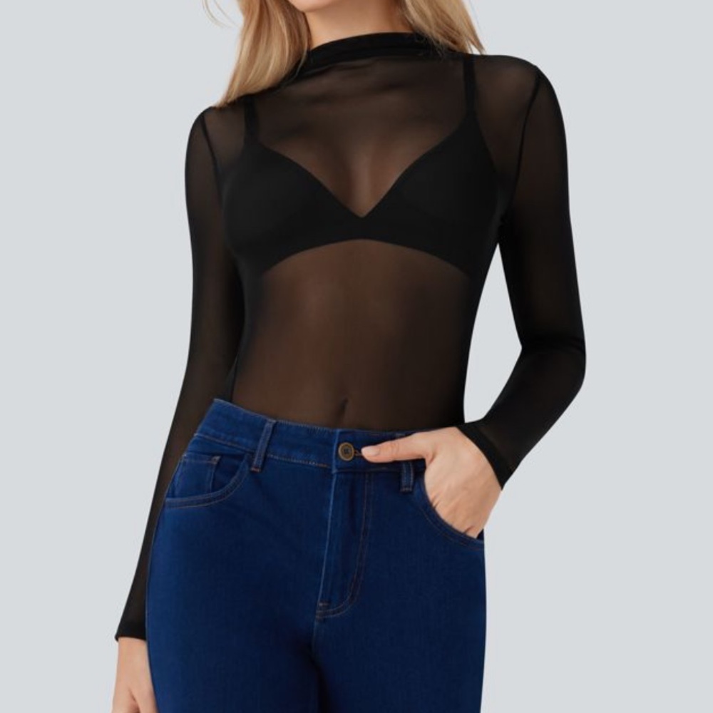 Halara Sheer Mesh Mock-neck Snap Casual Bodysuit - Sz Lg